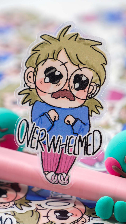 Overwhelmed illustrated vinyl transparent custom sticker