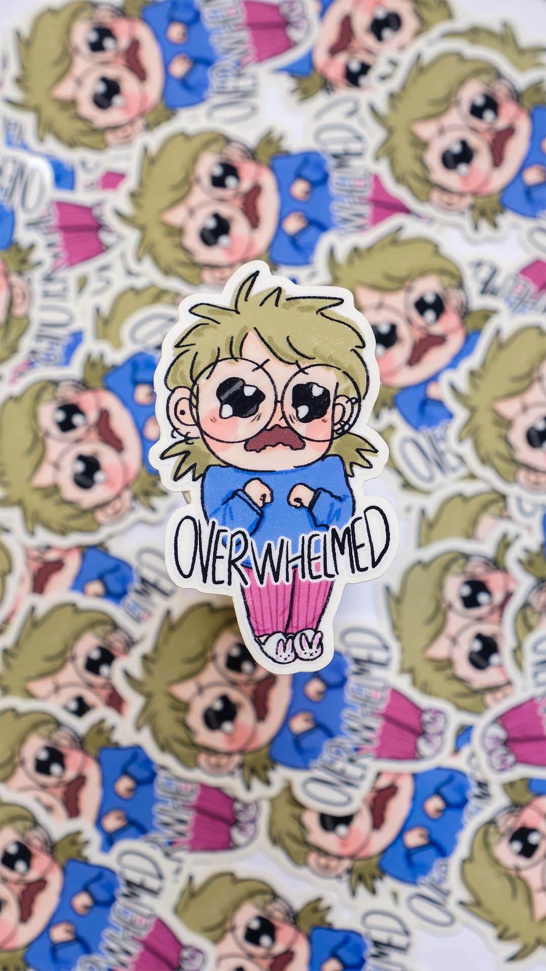 Overwhelmed illustrated vinyl transparent custom sticker
